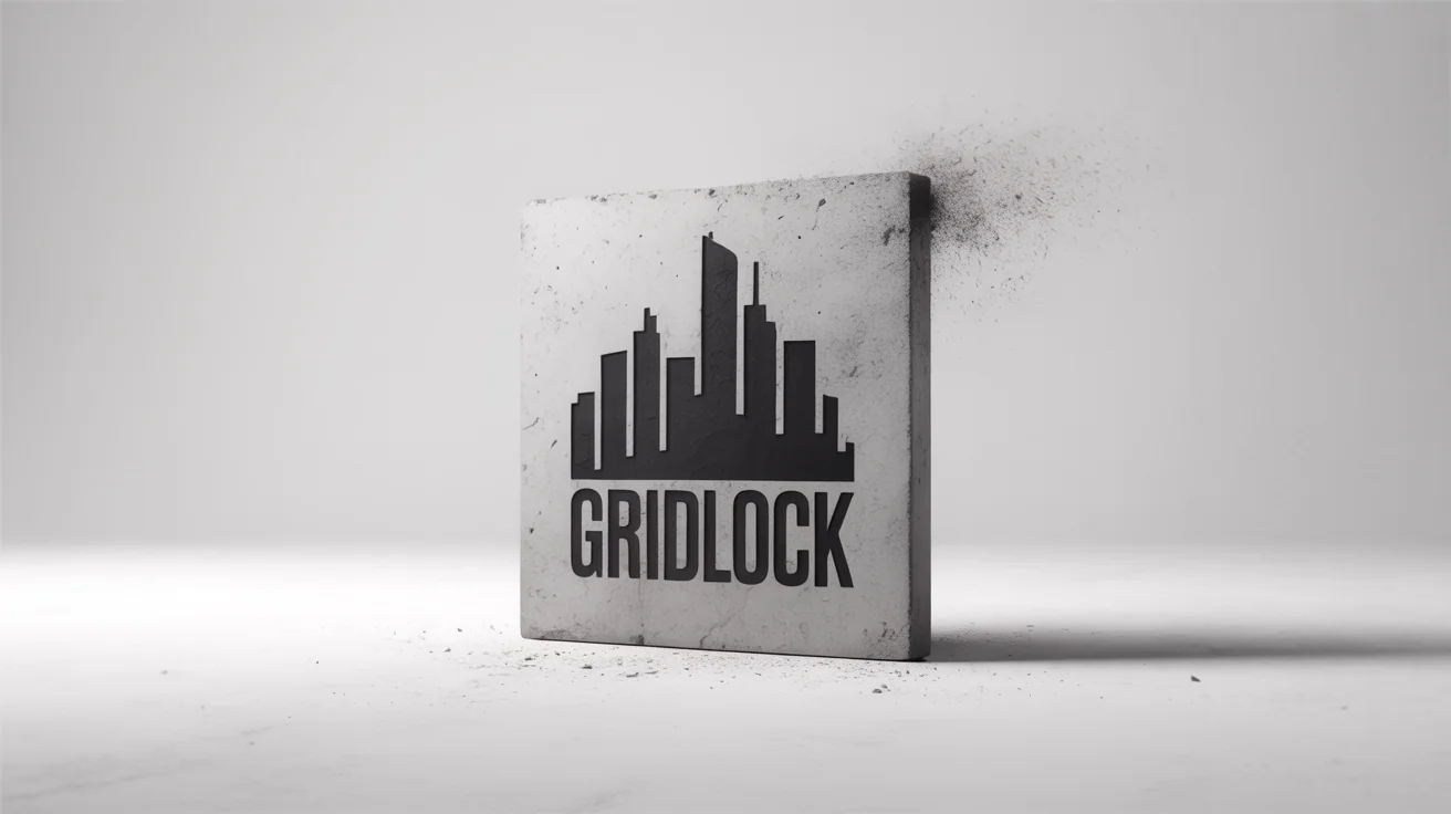 A mockup of an urban-style logo for a brand called 'GRIDLOCK', spray-painted in black on a concrete square, set against a clean white background.