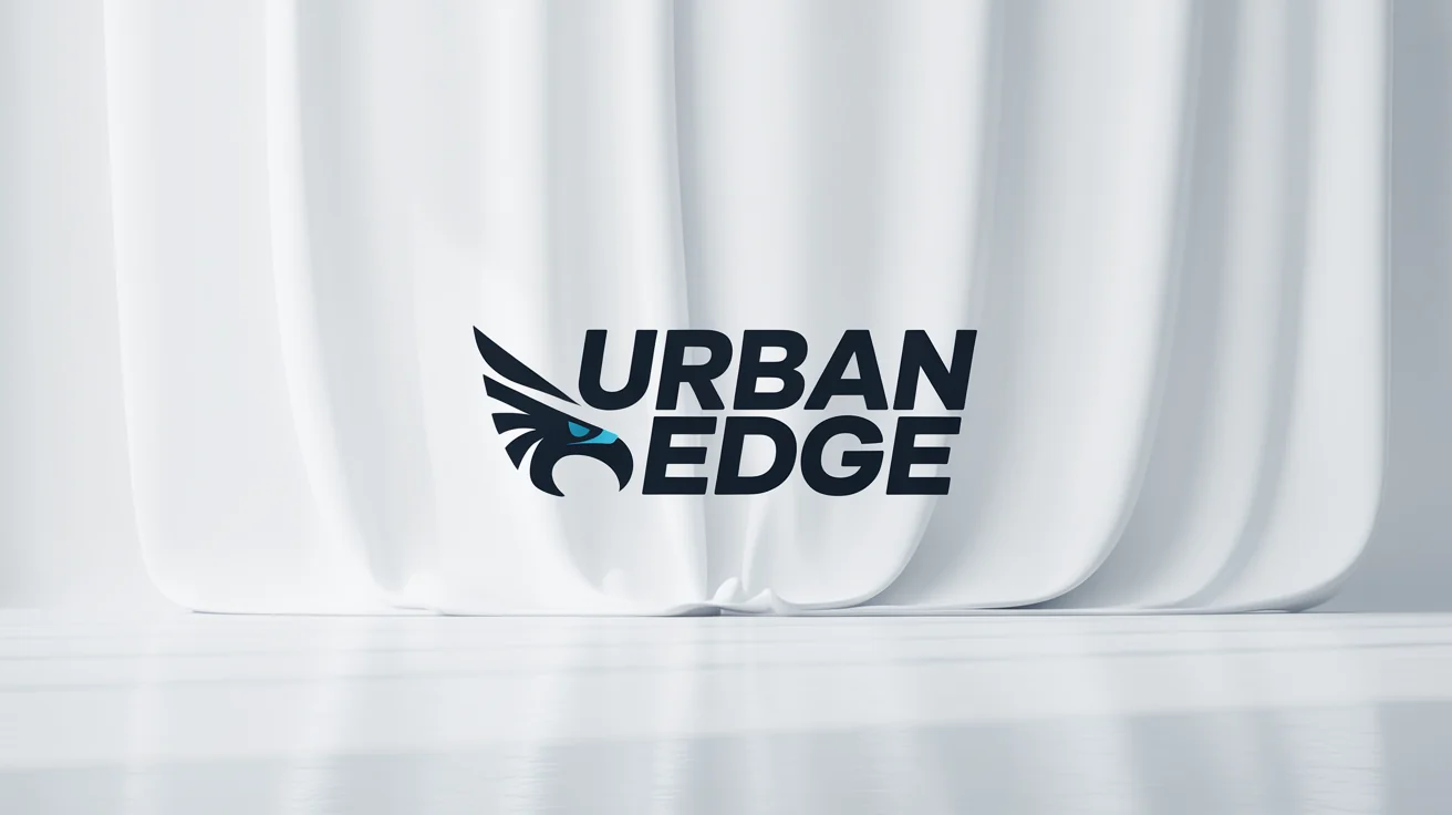 A professional mockup of an urban logo with the text 'URBAN EDGE' in bold black letters. The logo includes a geometric, stylized eagle head graphic with an electric blue accent, all on a clean white background.