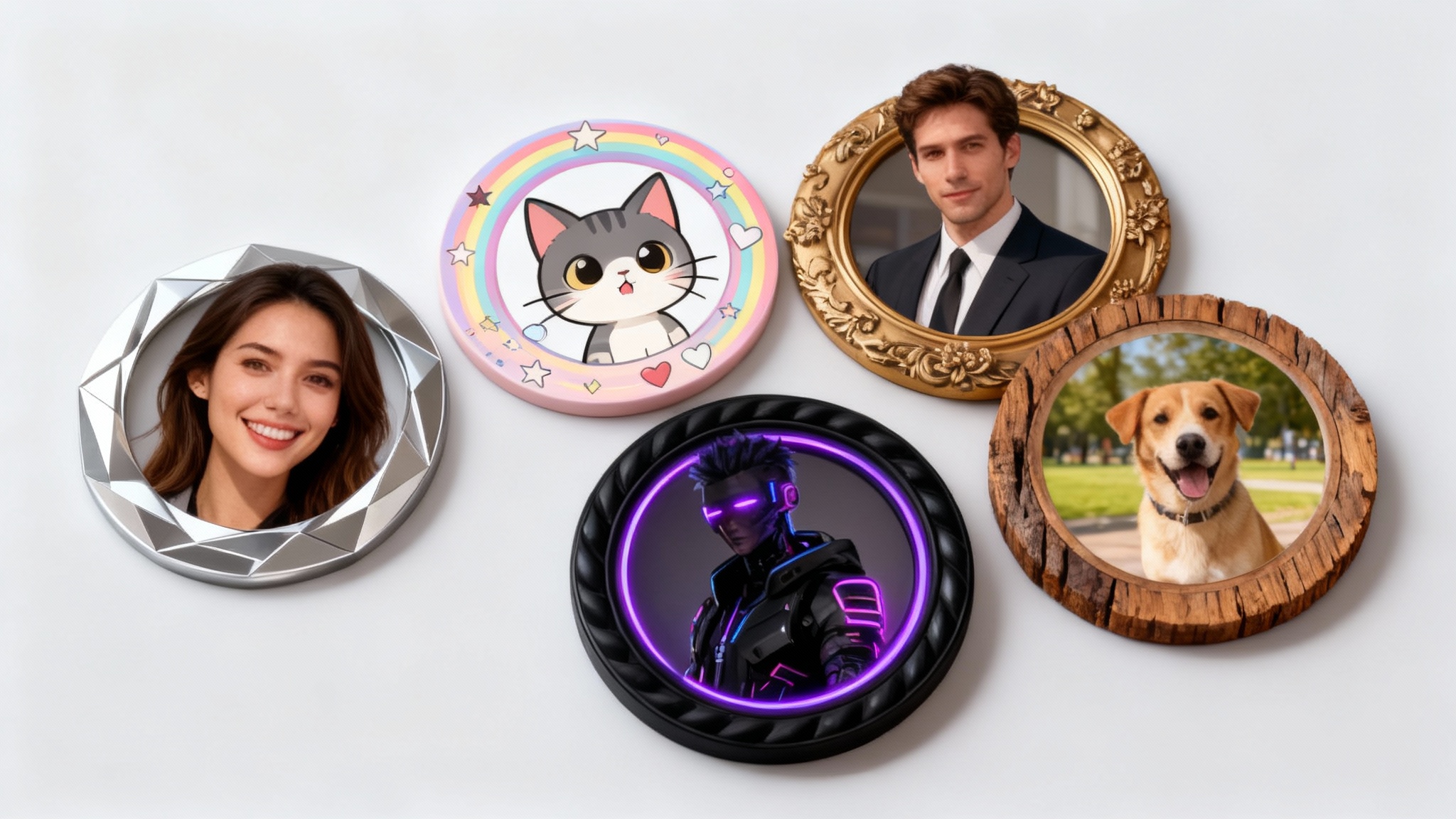A 16:9 hero image displaying five example profile pictures, each with a different decorative border applied. The examples include a woman with a silver geometric border, a cartoon cat with a pastel stars and hearts border, a man with a gold floral border, a cyberpunk character with a neon border, and a dog with a wooden border. The background is a clean light gray.