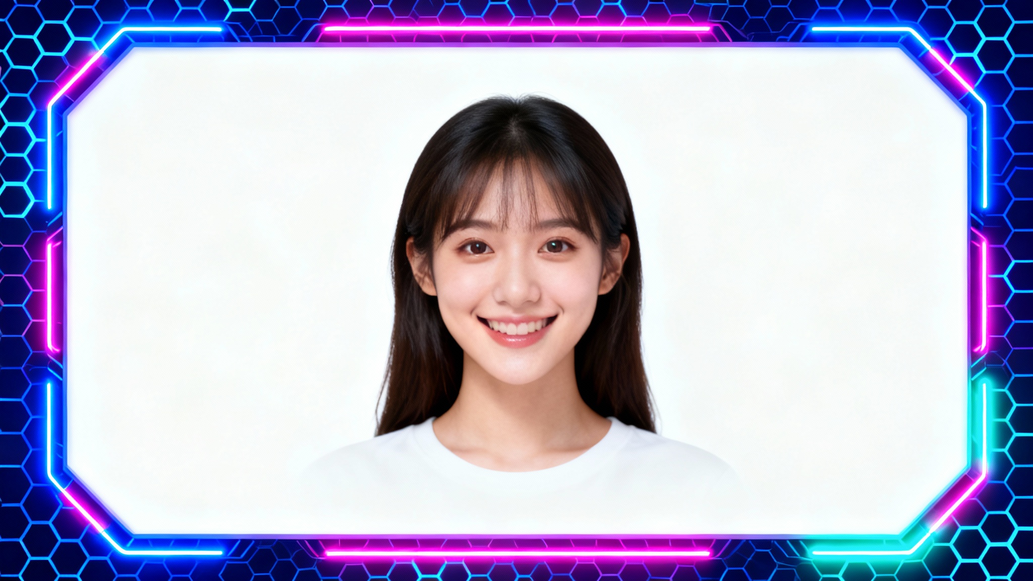 A circular profile picture of a smiling woman, enhanced with a glowing, colorful hexagonal neon border, displayed as a mockup against a plain white background.
