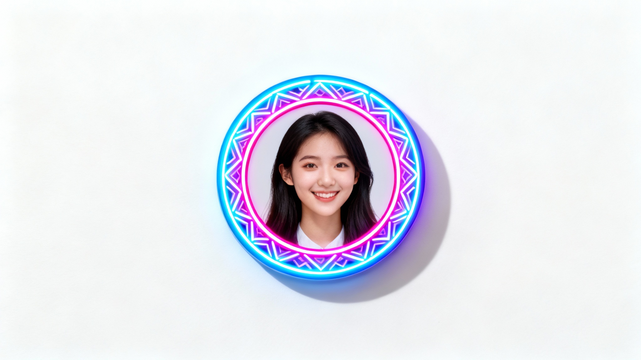 A mockup of a circular social media profile picture of a smiling woman, enhanced with a vibrant, glowing neon geometric border, shown on a clean white background.