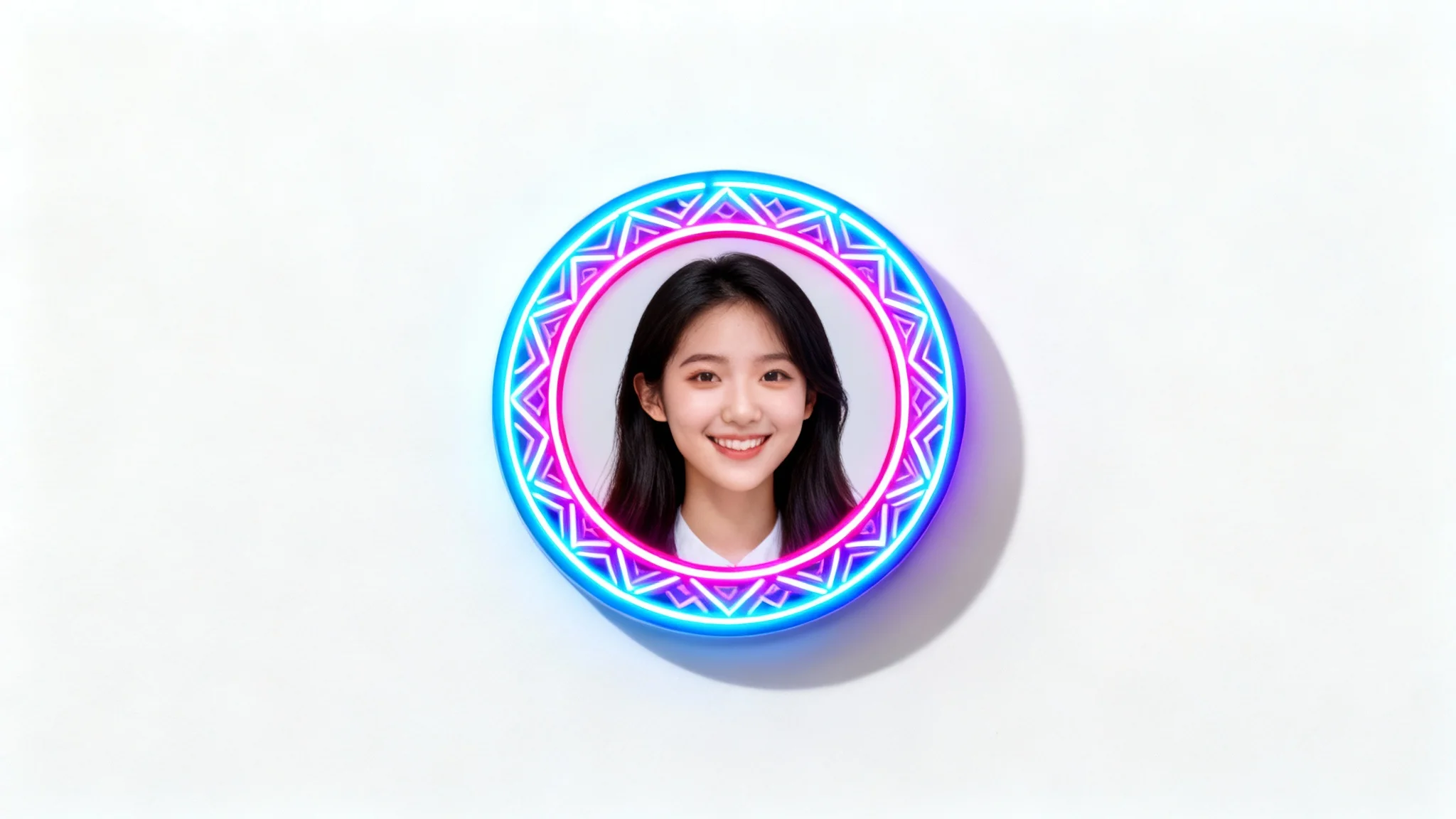 A mockup of a circular social media profile picture of a smiling woman, enhanced with a vibrant, glowing neon geometric border, shown on a clean white background.