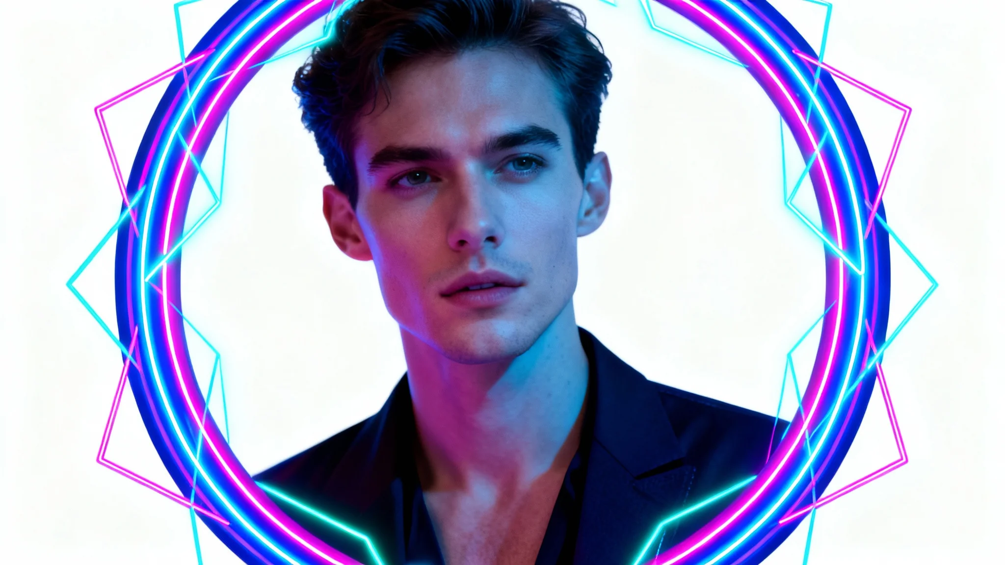 A circular profile picture of a person, framed by a brightly glowing neon geometric border, set against a plain white background.
