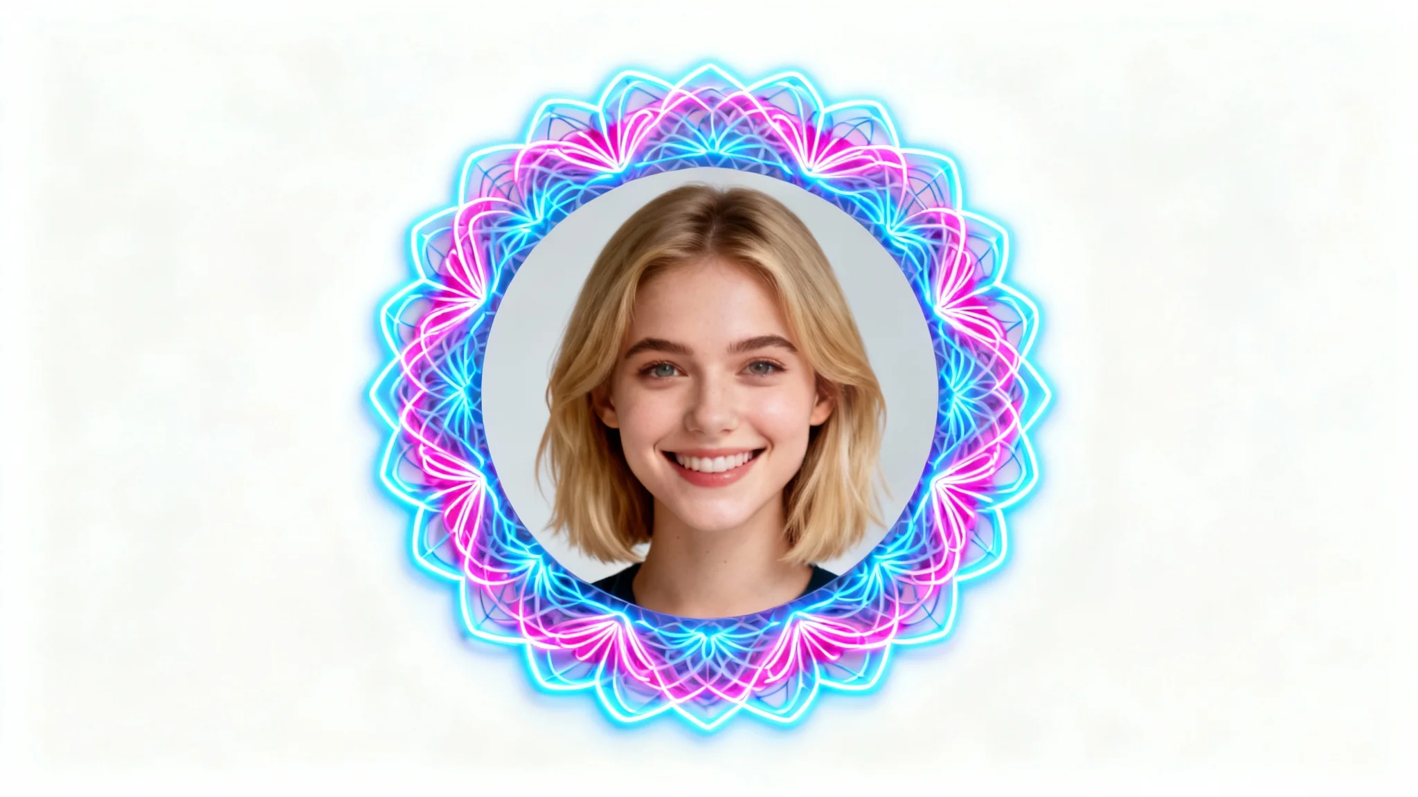 A circular profile picture of a smiling woman, enhanced with a glowing futuristic floral border in blue and pink neon, on a plain white background.