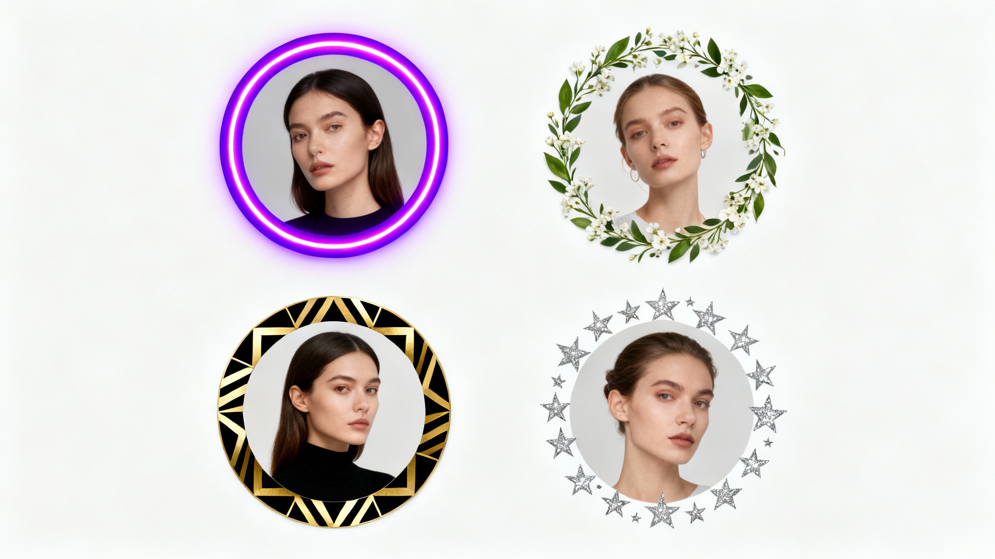A showcase of four different profile picture borders on a white background: a purple neon border, a floral wreath border, a geometric gold and black border, and a silver star border.