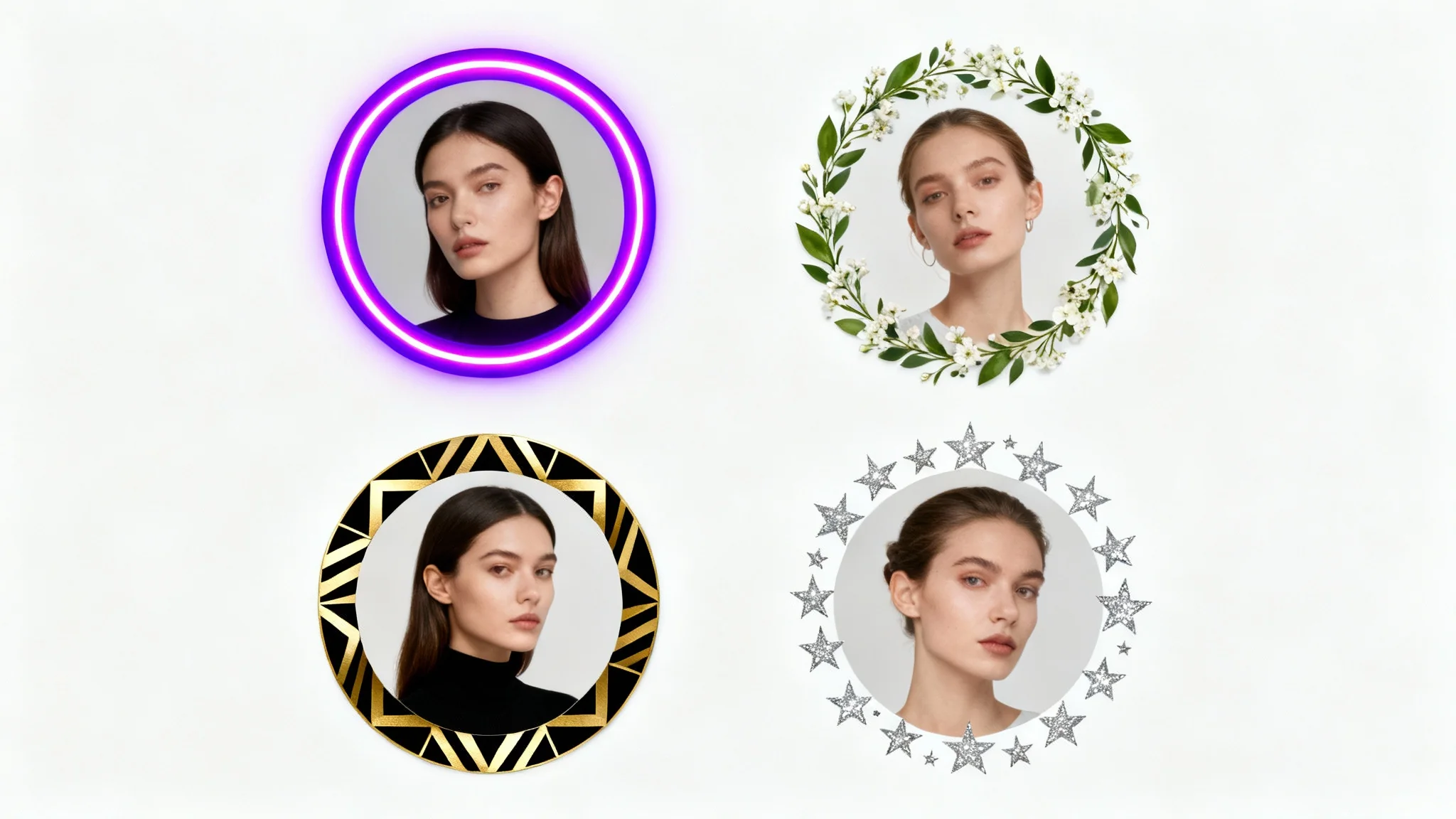 A showcase of four different profile picture borders on a white background: a purple neon border, a floral wreath border, a geometric gold and black border, and a silver star border.