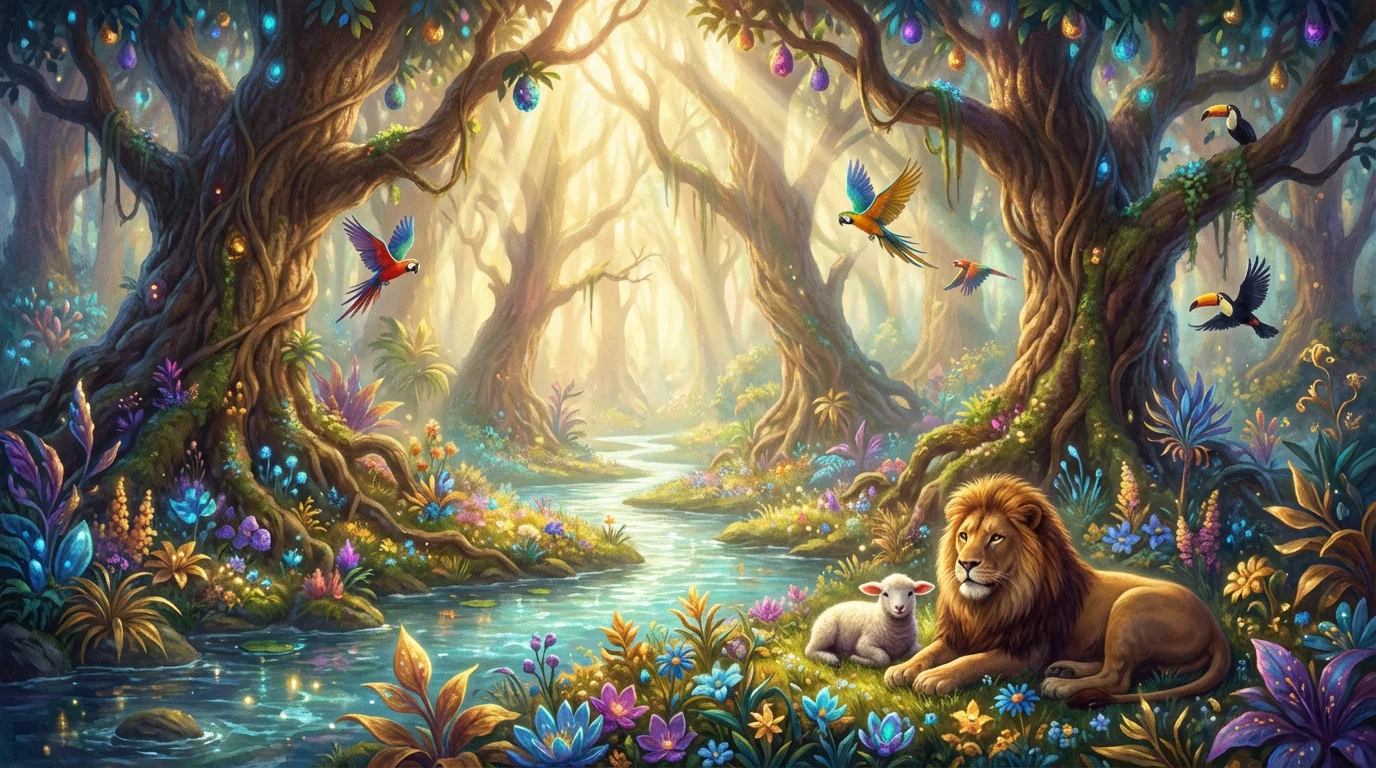 A stunning, hyper-realistic artwork depicting the Garden of Eden, showing a lush paradise with glowing fruit trees, a clear stream, vibrant flowers, and peaceful animals under divine light.