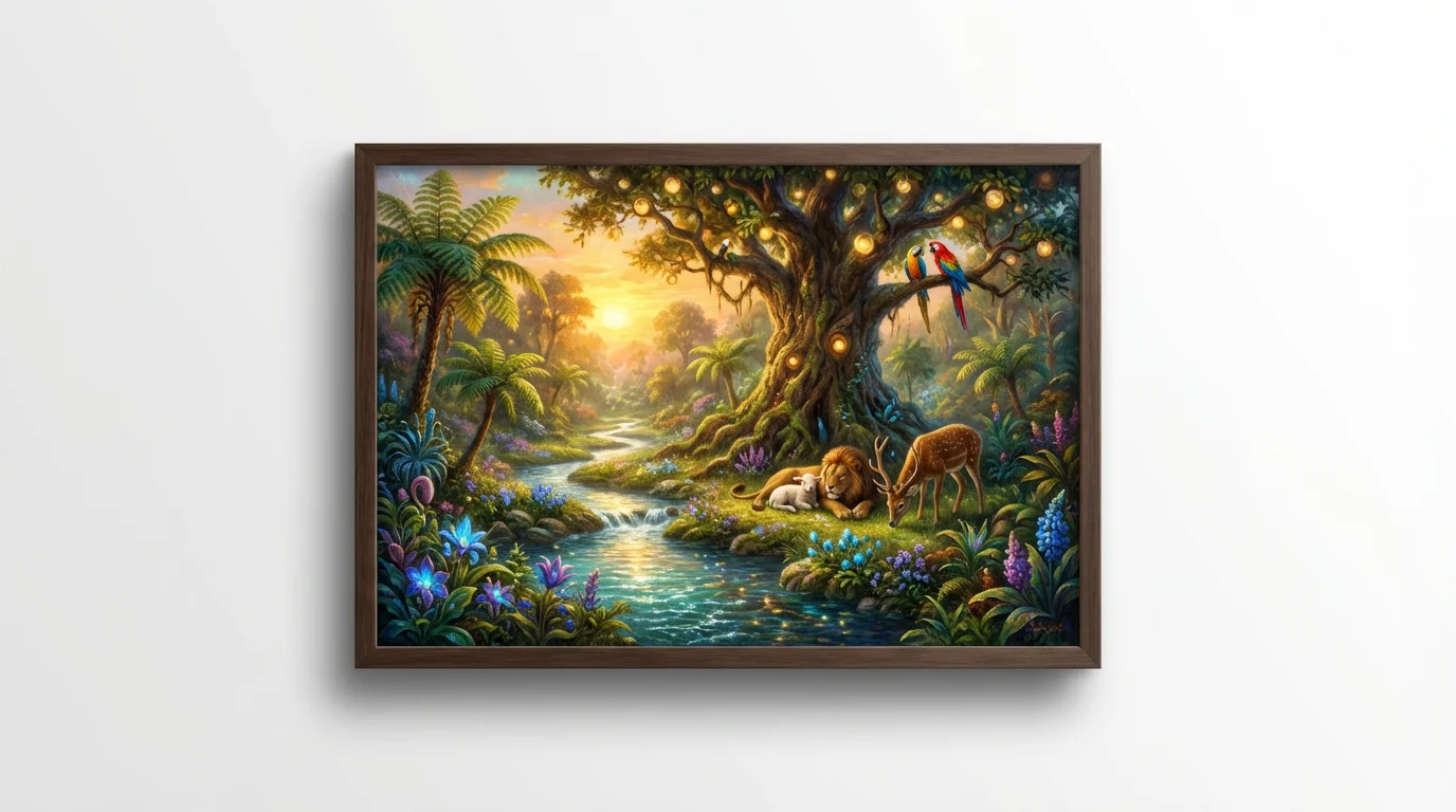 A vibrant and detailed painting of the Garden of Eden, showing a lush landscape with a large central tree, a winding river, and peaceful animals like a lion and a lamb coexisting under a golden light. The artwork is presented on a white background.
