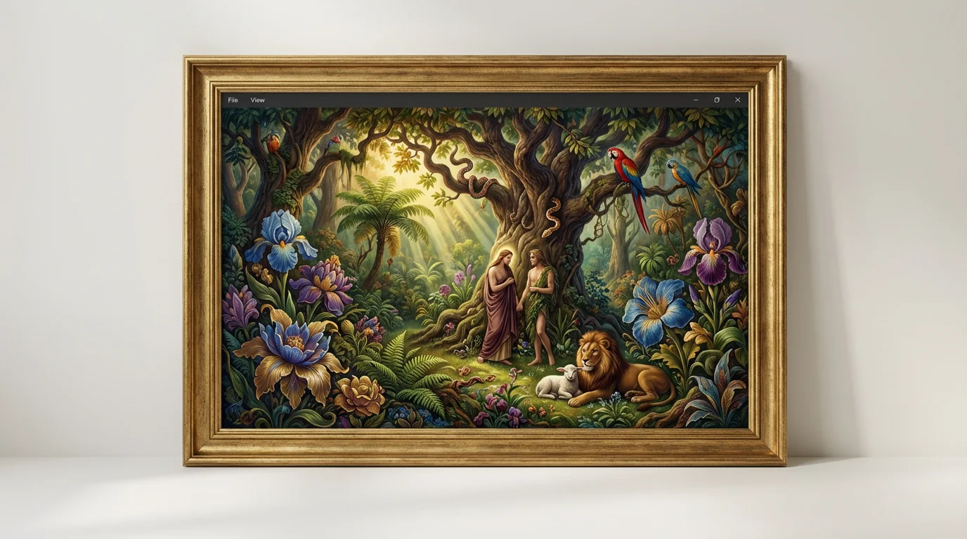 A romantic and detailed painting of the Garden of Eden, featuring Adam and Eve in a lush paradise filled with exotic flowers and peaceful animals, presented as a mockup on a white background.