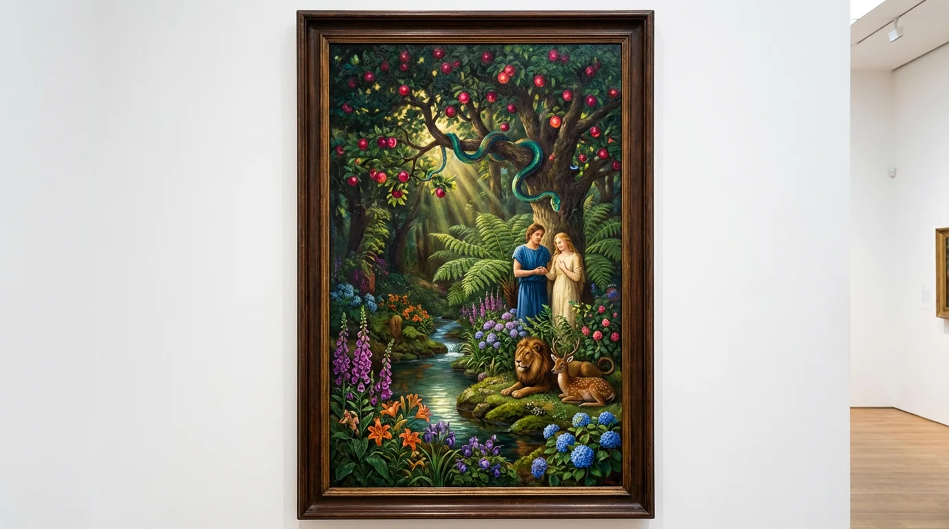 An artistic rendering of the Garden of Eden, presented as a detailed vertical oil painting mockup on a white background. In the lush and vibrant garden, Adam and Eve stand near the Tree of Knowledge, where a serpent is coiled around a branch laden with red apples.