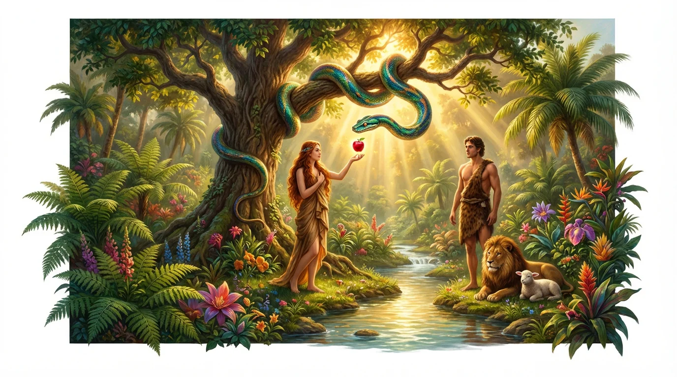 An artistic rendering of the Garden of Eden, depicting Eve reaching for the forbidden fruit from the Tree of Knowledge as the serpent watches on. Adam stands nearby in a lush, sunlit paradise filled with peaceful animals.
