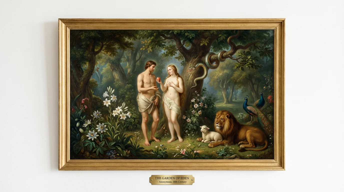 A classical-style painting of the Garden of Eden, featuring Adam and Eve by the Tree of Knowledge with the serpent, presented as an art mockup on a white background.