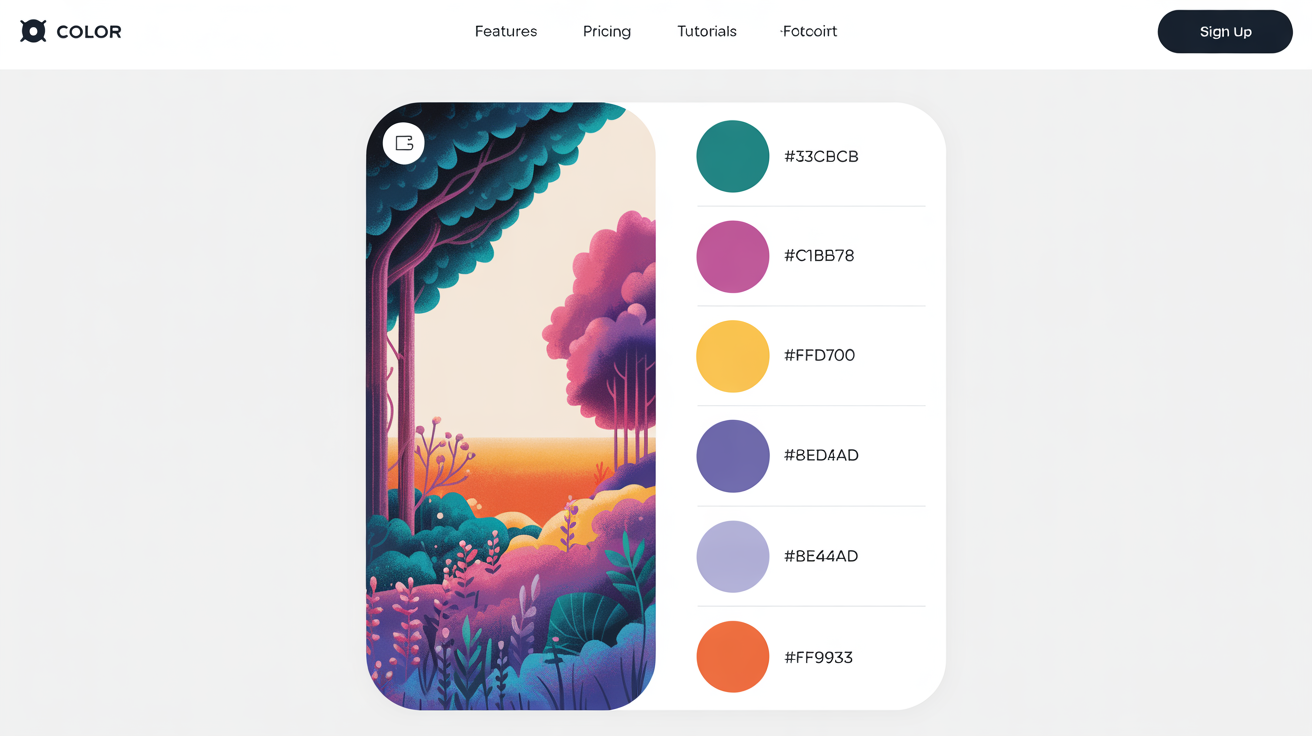A design presentation showing a color palette generated from an image. On the left is an illustration of a mystical forest, and on the right is a set of color swatches with hex codes that match the colors in the forest illustration.