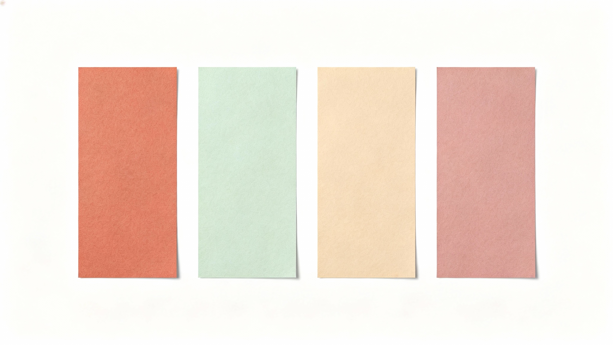 A minimalist representation of a color palette, featuring four rectangular color swatches in terracotta, sage green, beige, and dusty rose, arranged neatly on a white background.