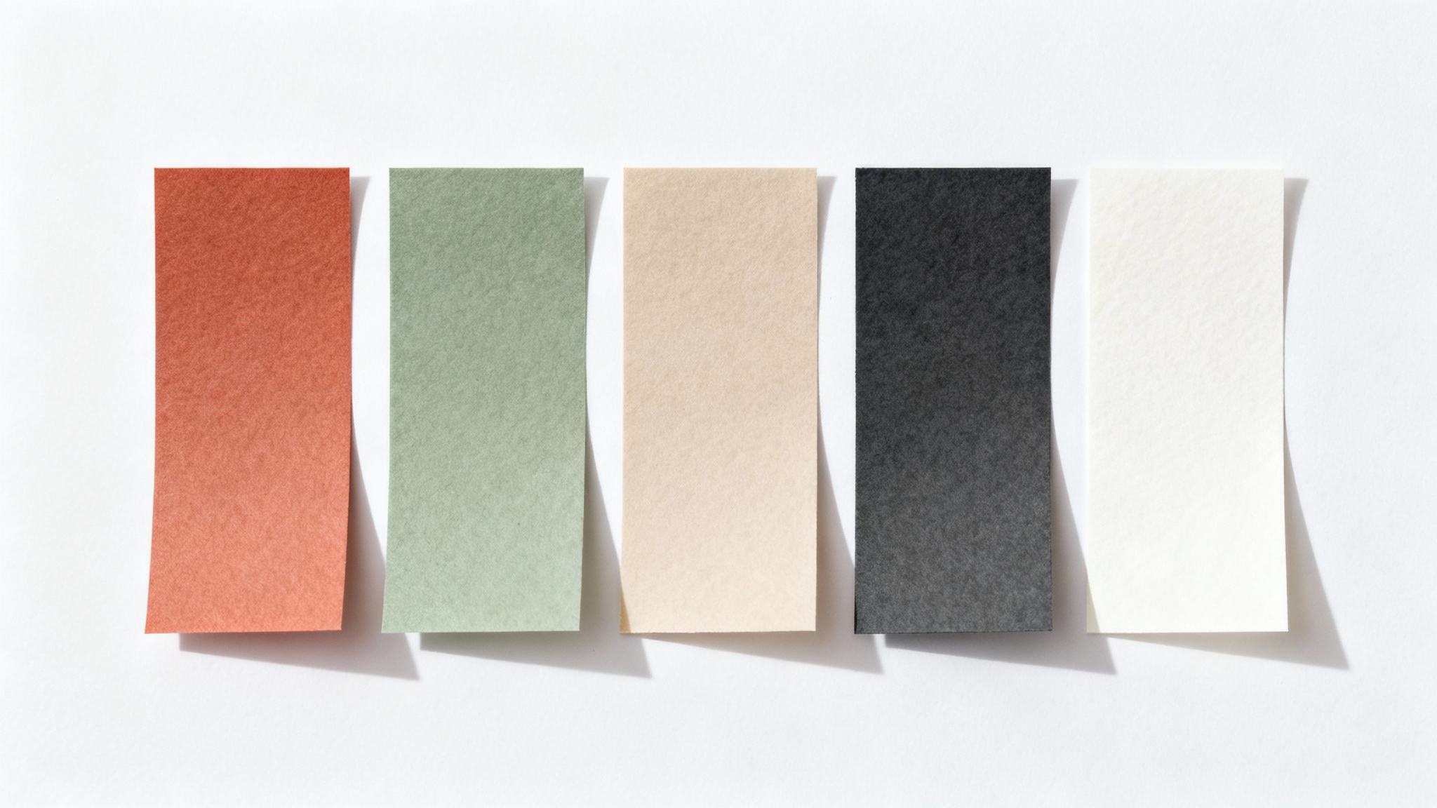A modern color palette displayed as five rectangular paper swatches in terracotta, sage green, beige, charcoal, and cream, arranged neatly on a white background.