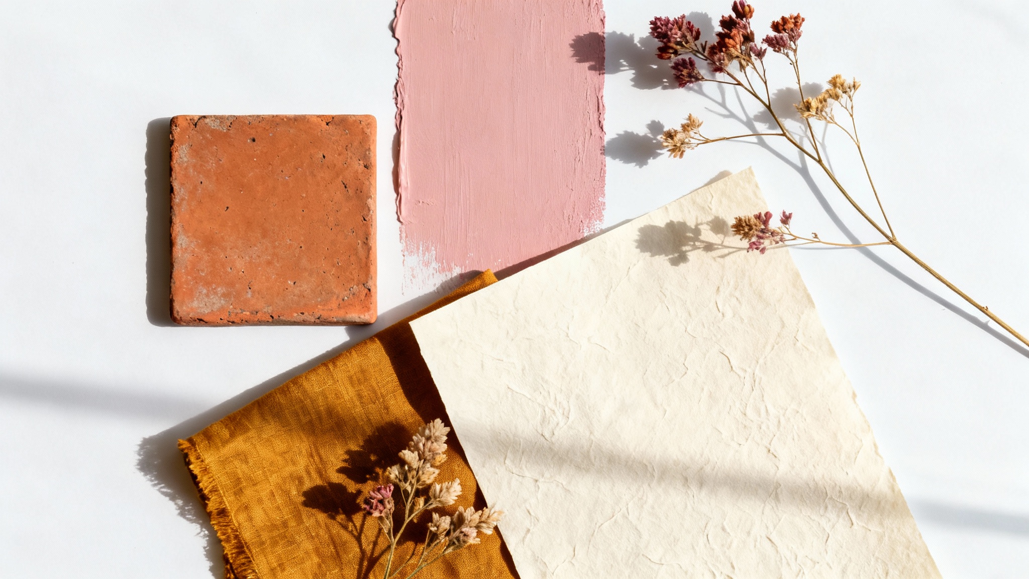 A top-down view of a curated color palette mood board on a white surface, featuring swatches of terracotta, blush pink, ochre, and cream in various textures like ceramic and fabric.