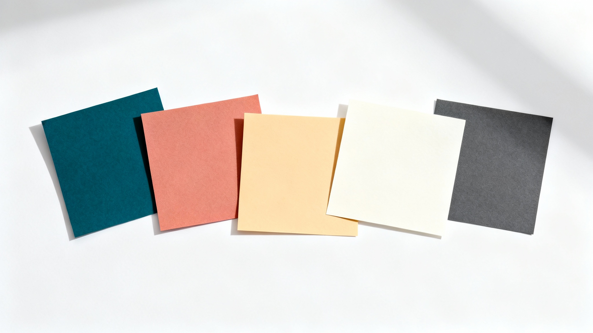 A flat lay of five square color swatches in a palette of teal, coral, ochre, cream, and gray, arranged on a white background.