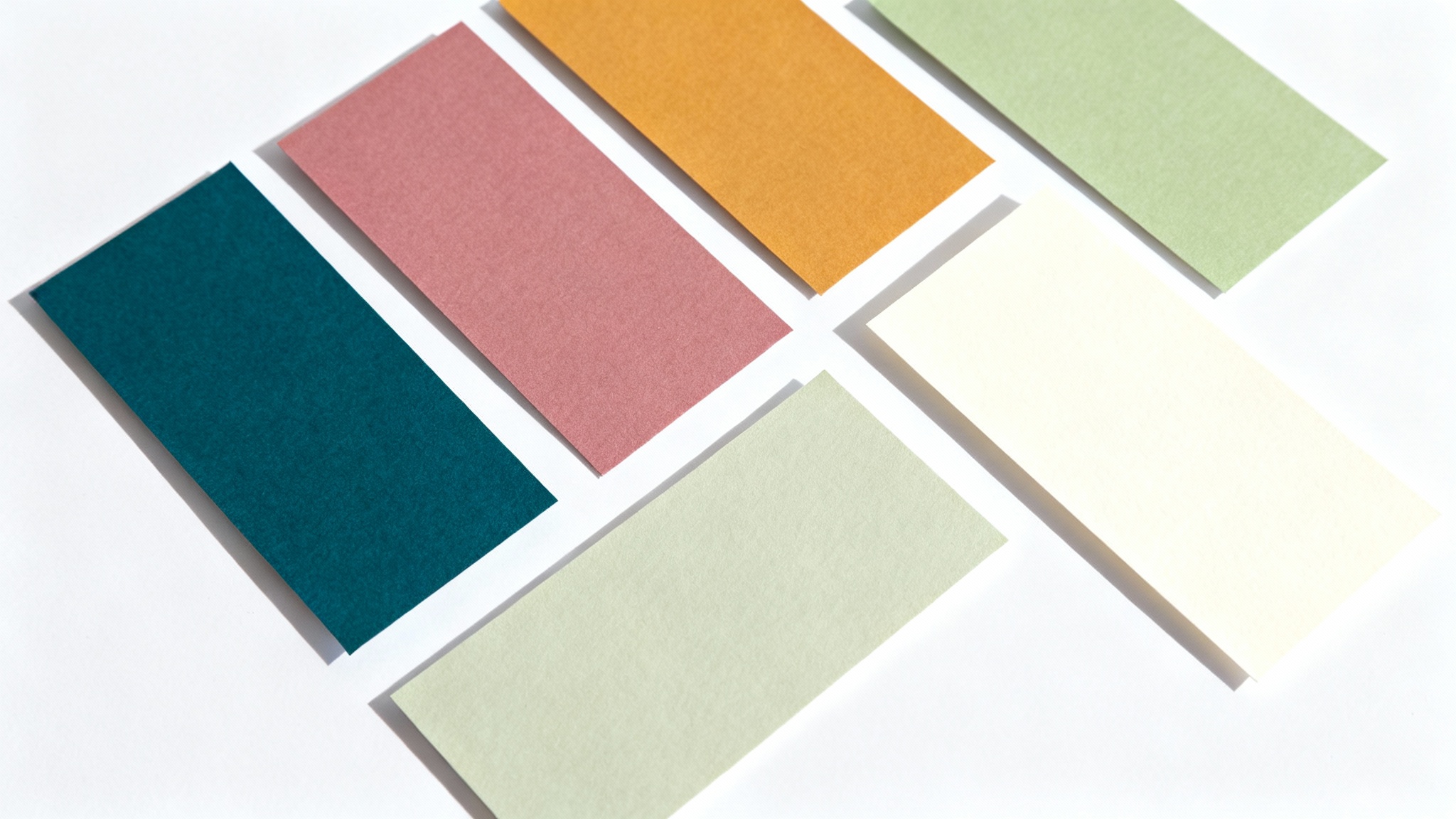 A top-down view of a modern color palette, showing rectangular swatches of teal, dusty rose, ochre, and sage green laid out on a white surface.