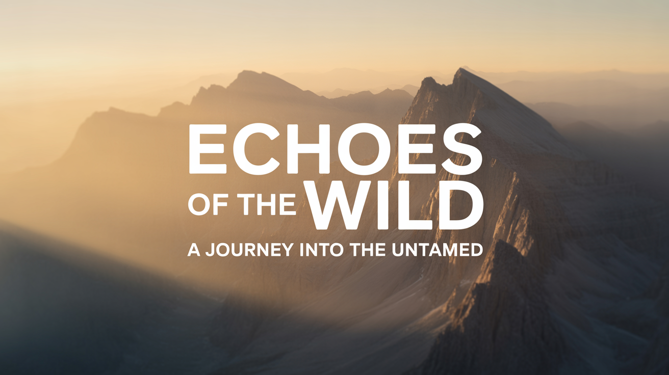 A professionally designed title card for a documentary series. The title 'ECHOES OF THE WILD' is in large, white text, with the subtitle 'A Journey into the Untamed' below it. The background is a scenic, soft-focus image of a sunlit, misty mountain range.