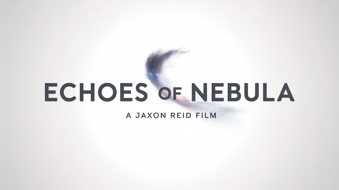 A professional mockup of a movie title card for a film titled 'ECHOES OF NEBULA', featuring bold, modern text against a clean white background with a subtle cosmic dust effect.