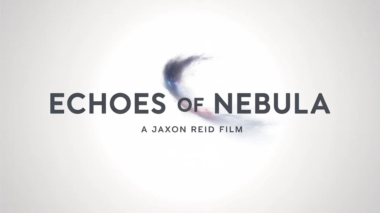 A professional mockup of a movie title card for a film titled 'ECHOES OF NEBULA', featuring bold, modern text against a clean white background with a subtle cosmic dust effect.