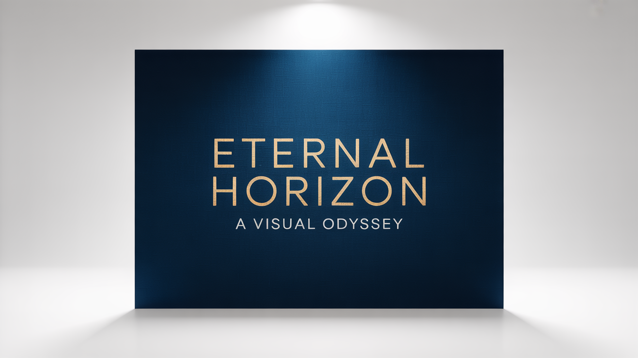A professional mockup of a movie title card against a white background. The card is navy blue with the title 'Eternal Horizon' in gold foil.