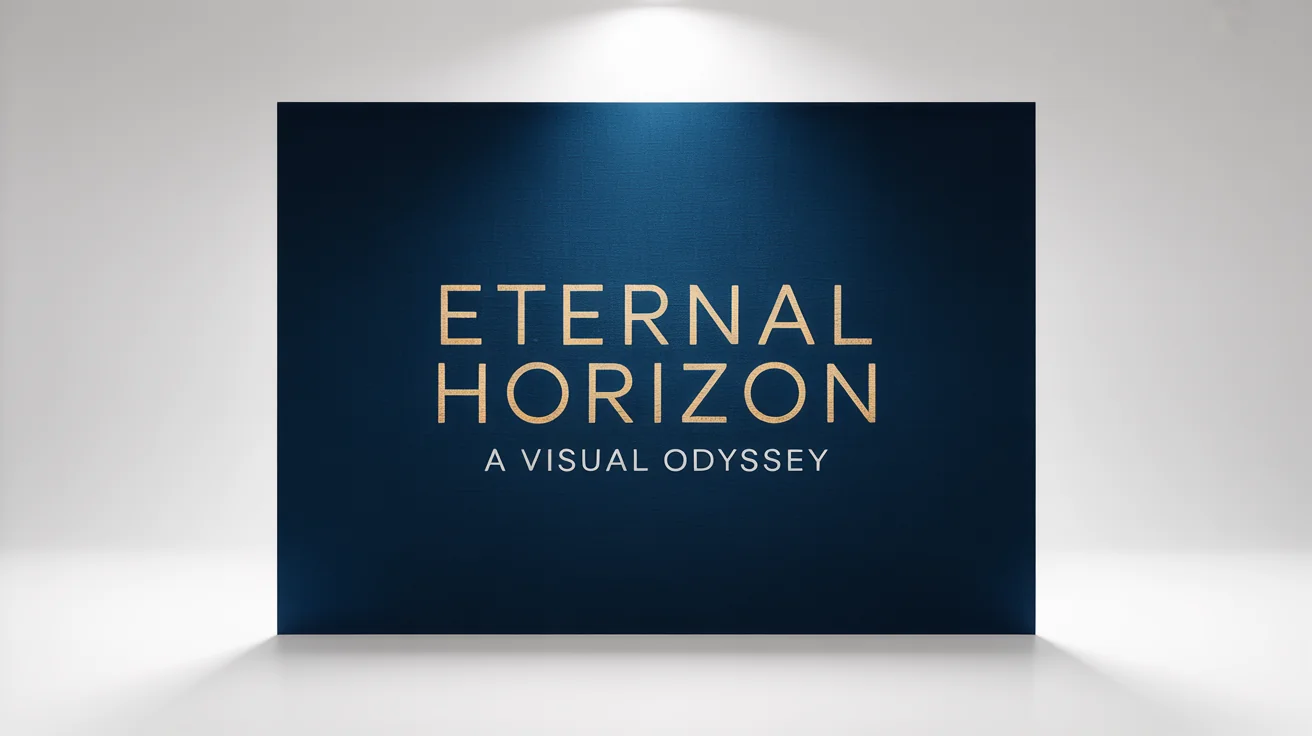 A professional mockup of a movie title card against a white background. The card is navy blue with the title 'Eternal Horizon' in gold foil.