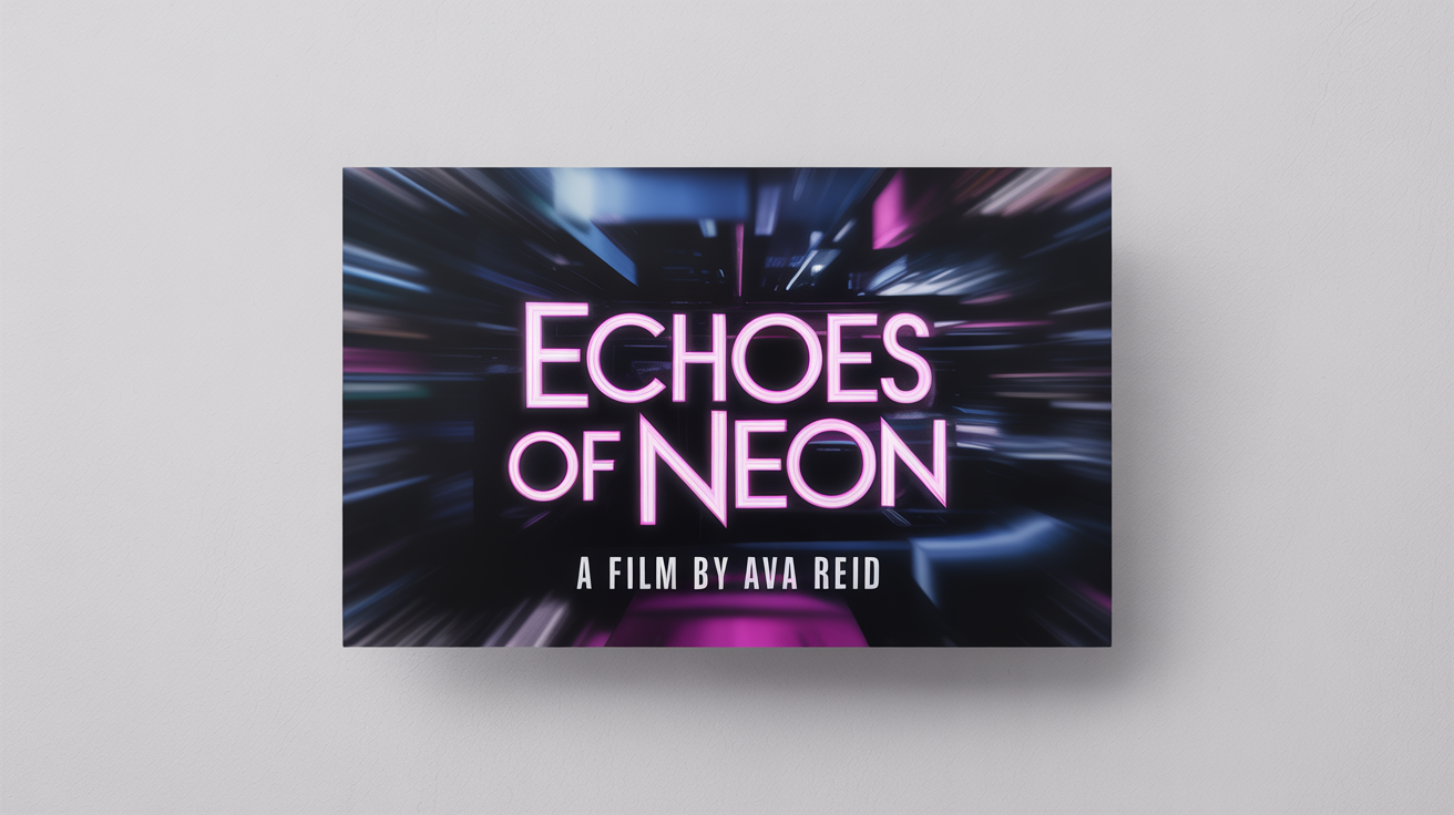 A professional mockup of a movie title card for a film called 'Echoes of Neon'. The title is in glowing magenta text, set against a dark, abstract city background, all displayed on a clean white surface.