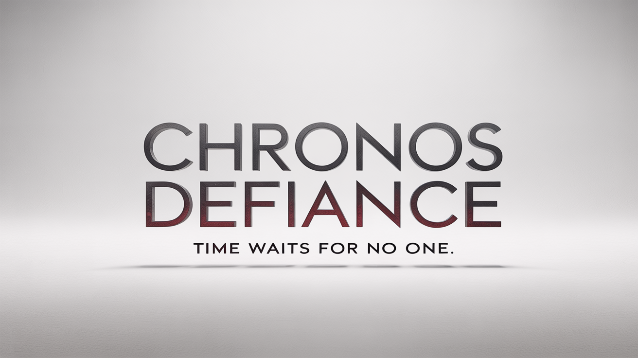 A professional movie title card mockup for a film titled 'Chronos Defiance' with the tagline 'Time waits for no one', presented on a white background.