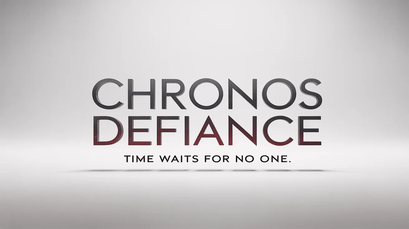 A professional movie title card mockup for a film titled 'Chronos Defiance' with the tagline 'Time waits for no one', presented on a white background.