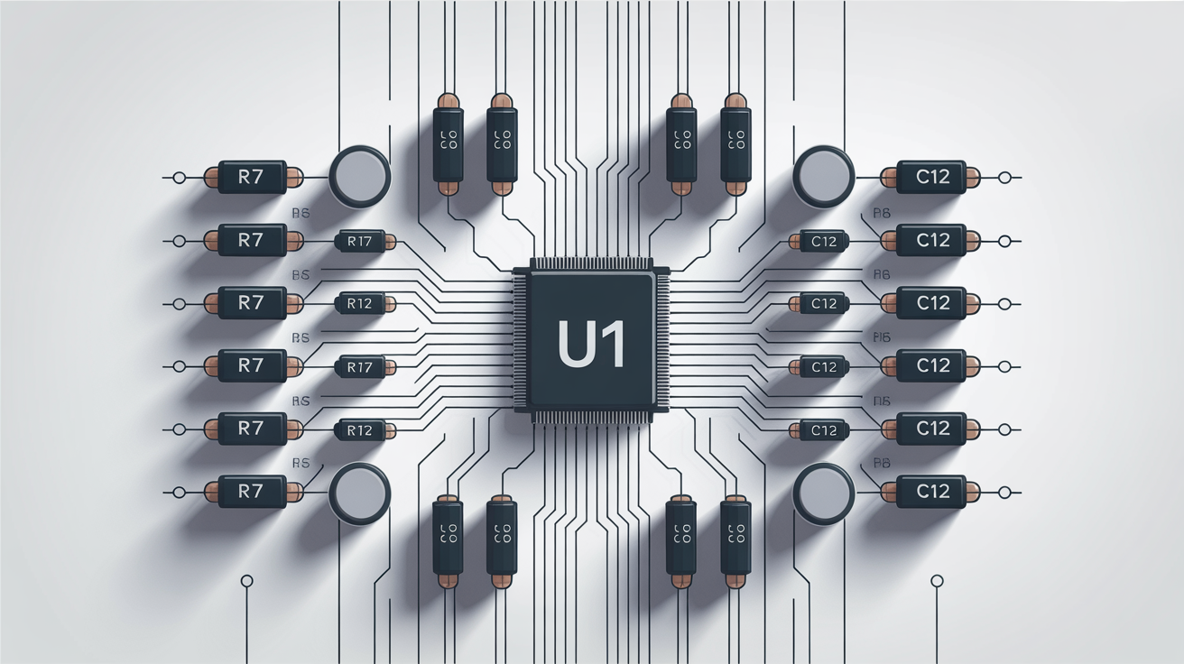 A clean, professional electronic circuit diagram on a white background, featuring various labeled components and intricate, organized pathways.