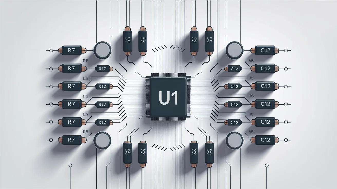A clean, professional electronic circuit diagram on a white background, featuring various labeled components and intricate, organized pathways.