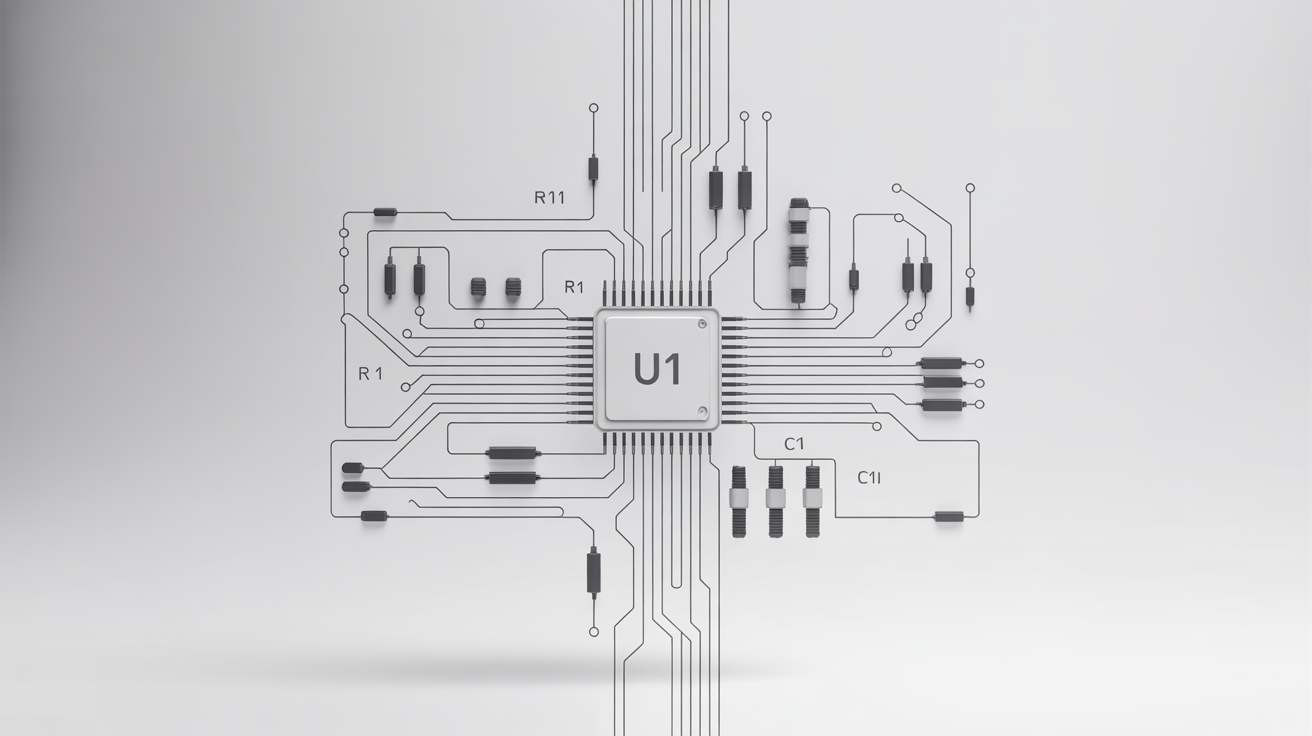 A detailed and professionally rendered electronic circuit diagram on a clean white background, showcasing a complex network of components and connections.