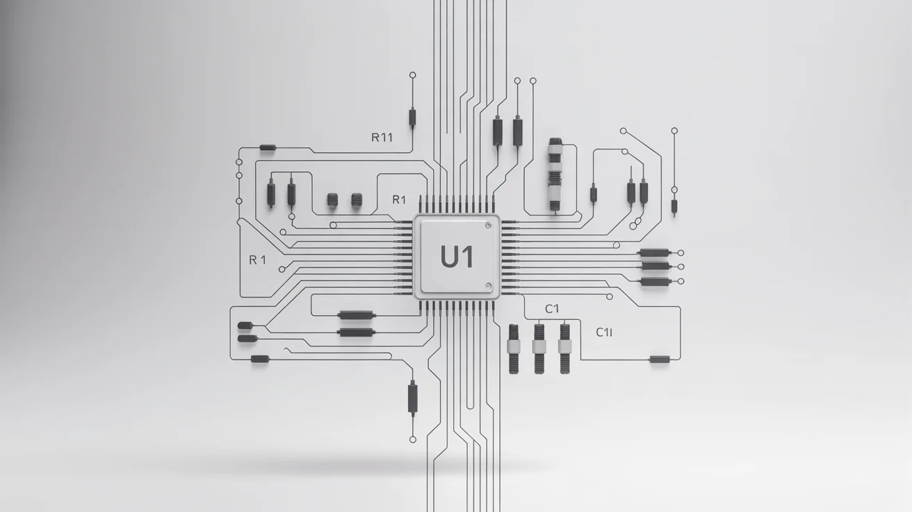 A detailed and professionally rendered electronic circuit diagram on a clean white background, showcasing a complex network of components and connections.