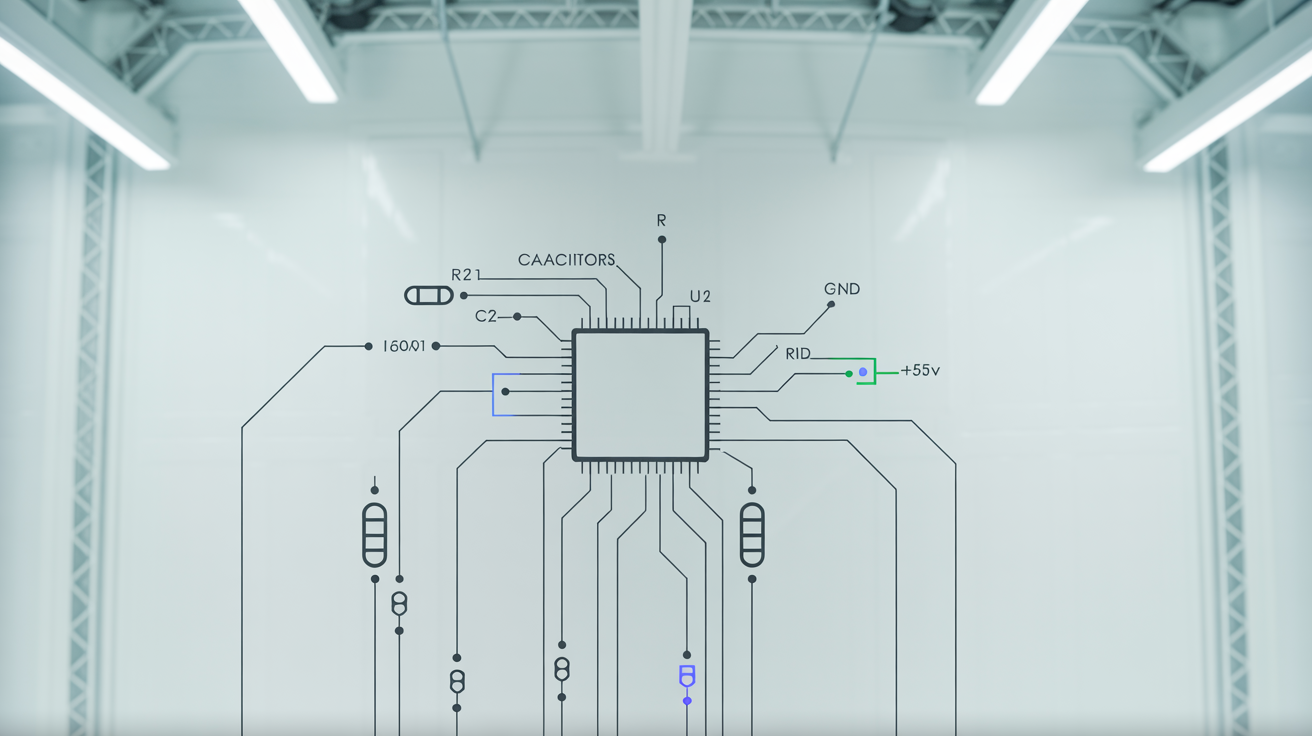 A clean and detailed electronic circuit diagram on a white background, showing various electronic symbols like resistors and a central IC, connected by black, blue, and green lines with clear labels.
