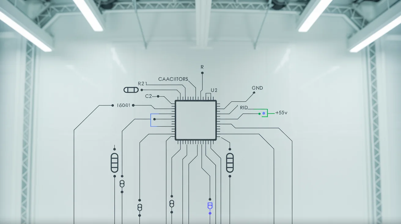 A clean and detailed electronic circuit diagram on a white background, showing various electronic symbols like resistors and a central IC, connected by black, blue, and green lines with clear labels.