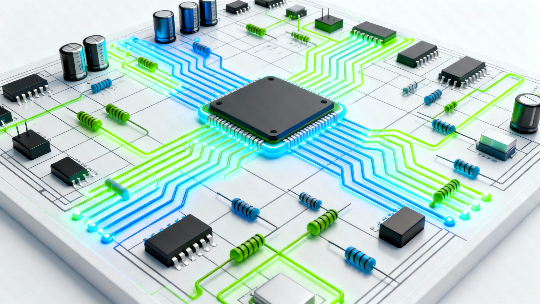 A clean and modern mockup of a complex electronic circuit diagram, featuring glowing blue and green traces and components, set against a plain white background.
