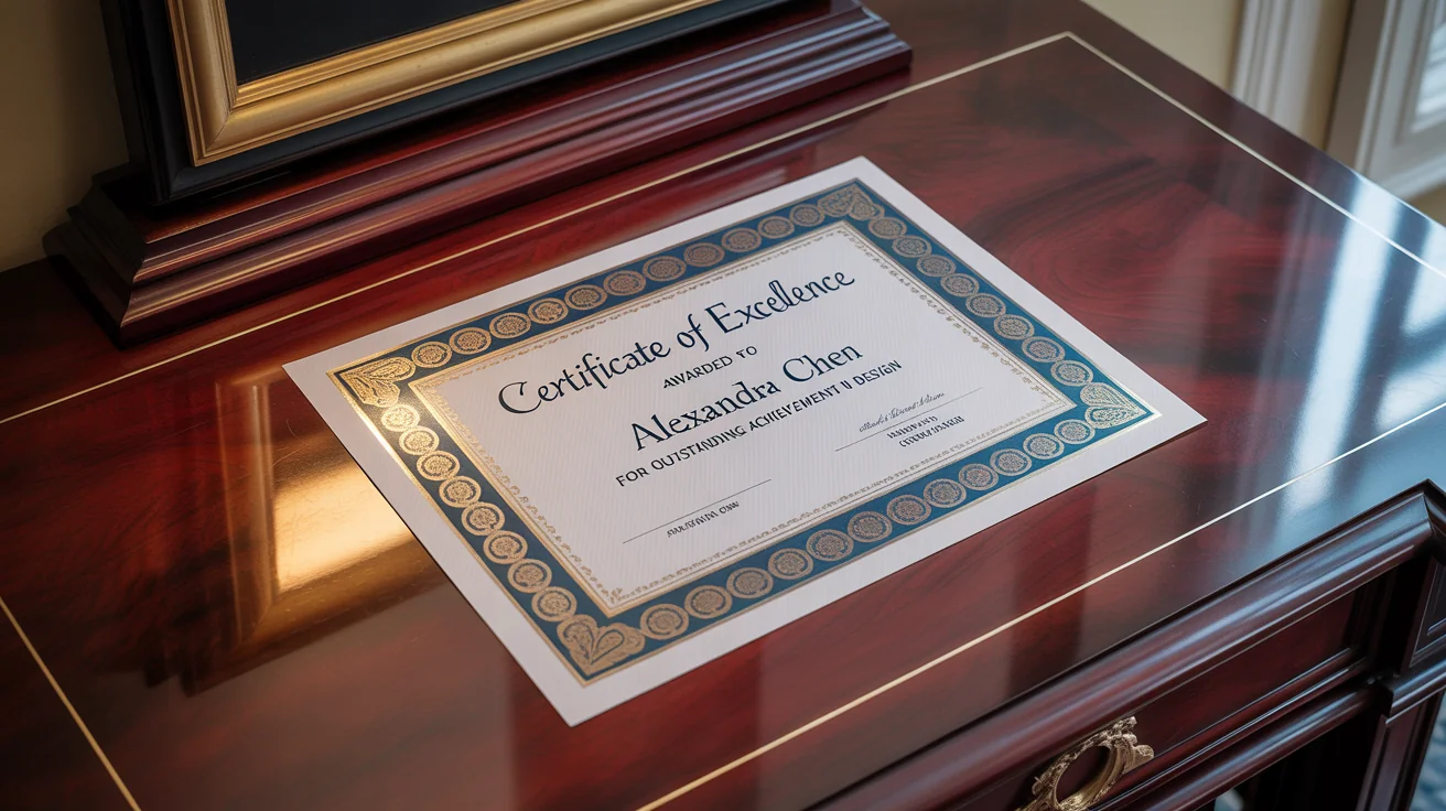 A professionally designed certificate of excellence with an intricate blue and gold border, displayed elegantly on a wooden desk.