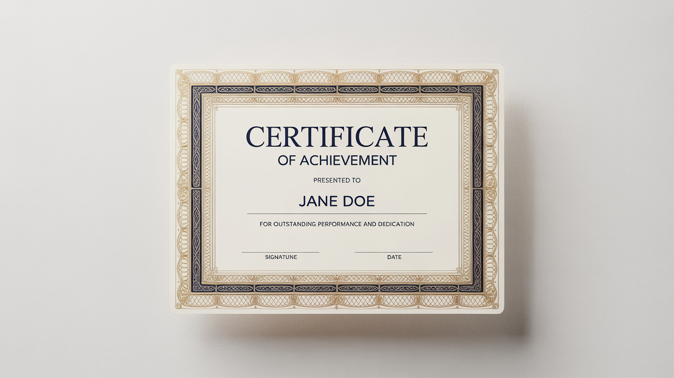 A mockup of a professional certificate of achievement featuring an intricate gold and navy blue border design, displayed against a plain white background.