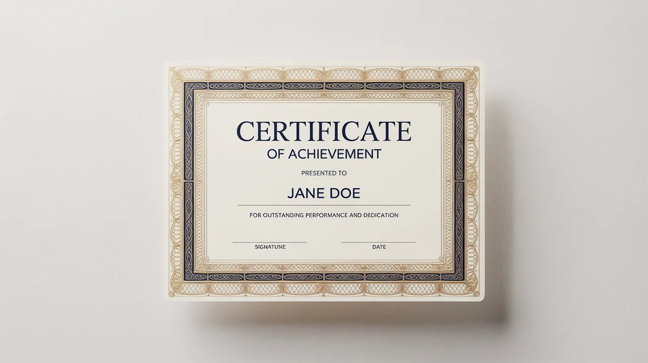 A mockup of a professional certificate of achievement featuring an intricate gold and navy blue border design, displayed against a plain white background.