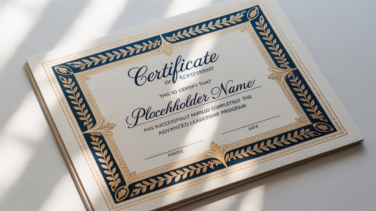 A professional certificate mockup with an ornate navy blue and gold foil border on a white background, showcasing an elegant certificate border design.