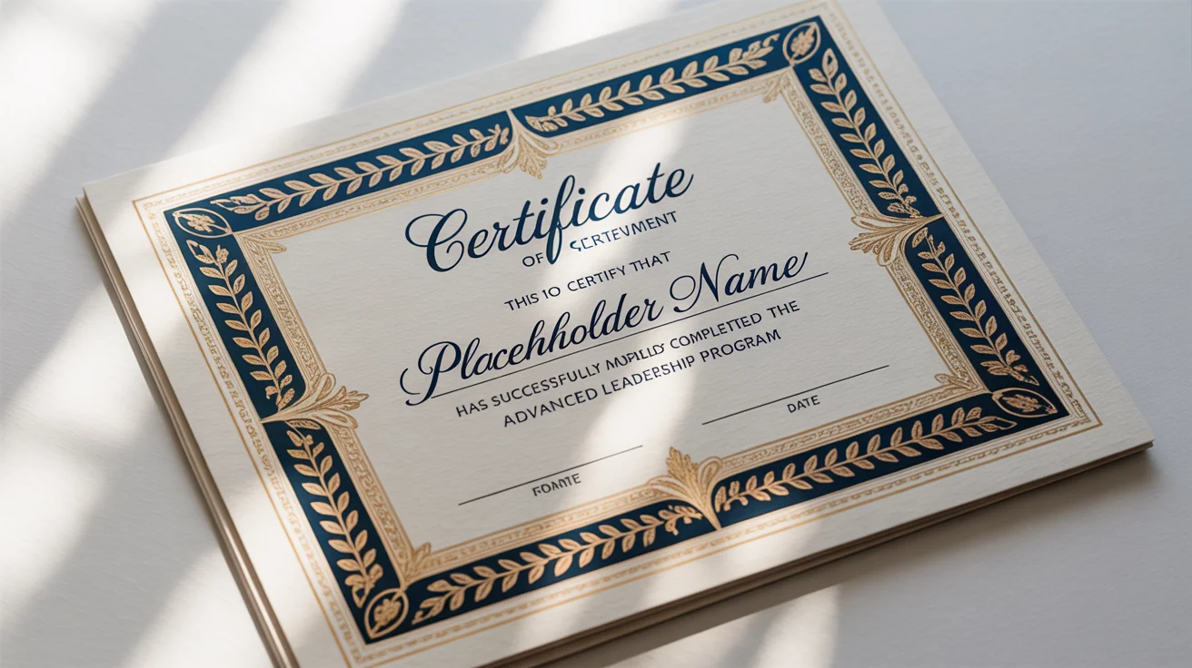 A professional certificate mockup with an ornate navy blue and gold foil border on a white background, showcasing an elegant certificate border design.