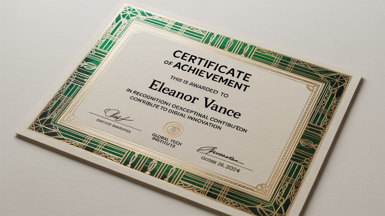 An elegant certificate of achievement mockup with an intricate gold and emerald green Art Deco border, displayed on a clean white background.