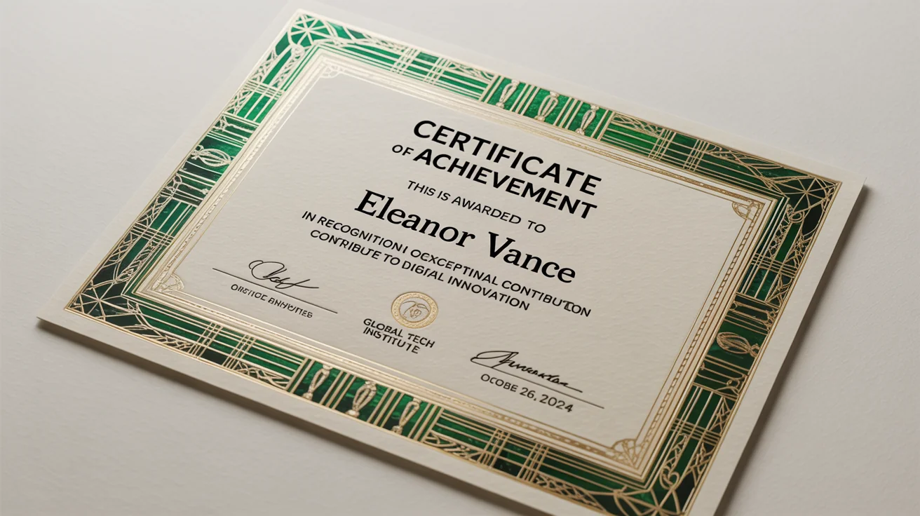 An elegant certificate of achievement mockup with an intricate gold and emerald green Art Deco border, displayed on a clean white background.
