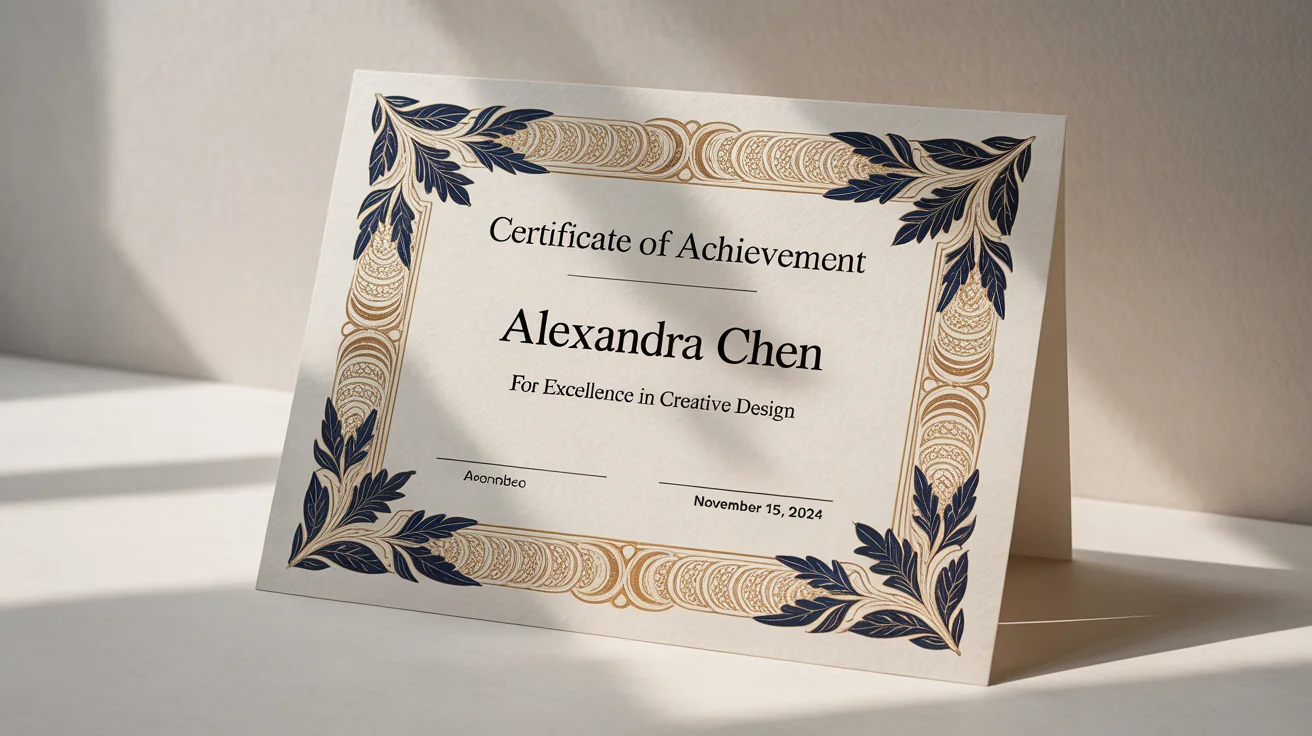 A professional mockup of a certificate of achievement, featuring an elegant and intricate border design with gold foil and navy blue details on a white background.