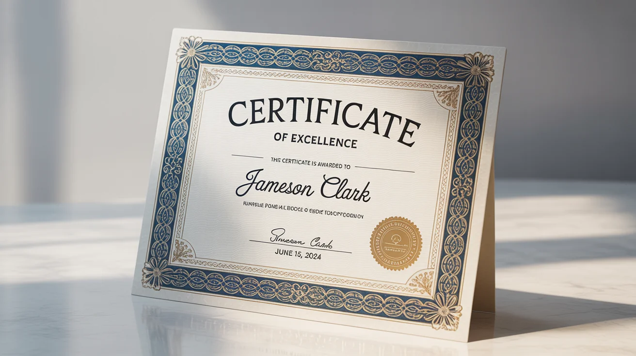 A professional certificate of excellence mockup with a highly detailed, ornate border in gold and navy blue, featuring fictional text and a gold seal, on a white background.