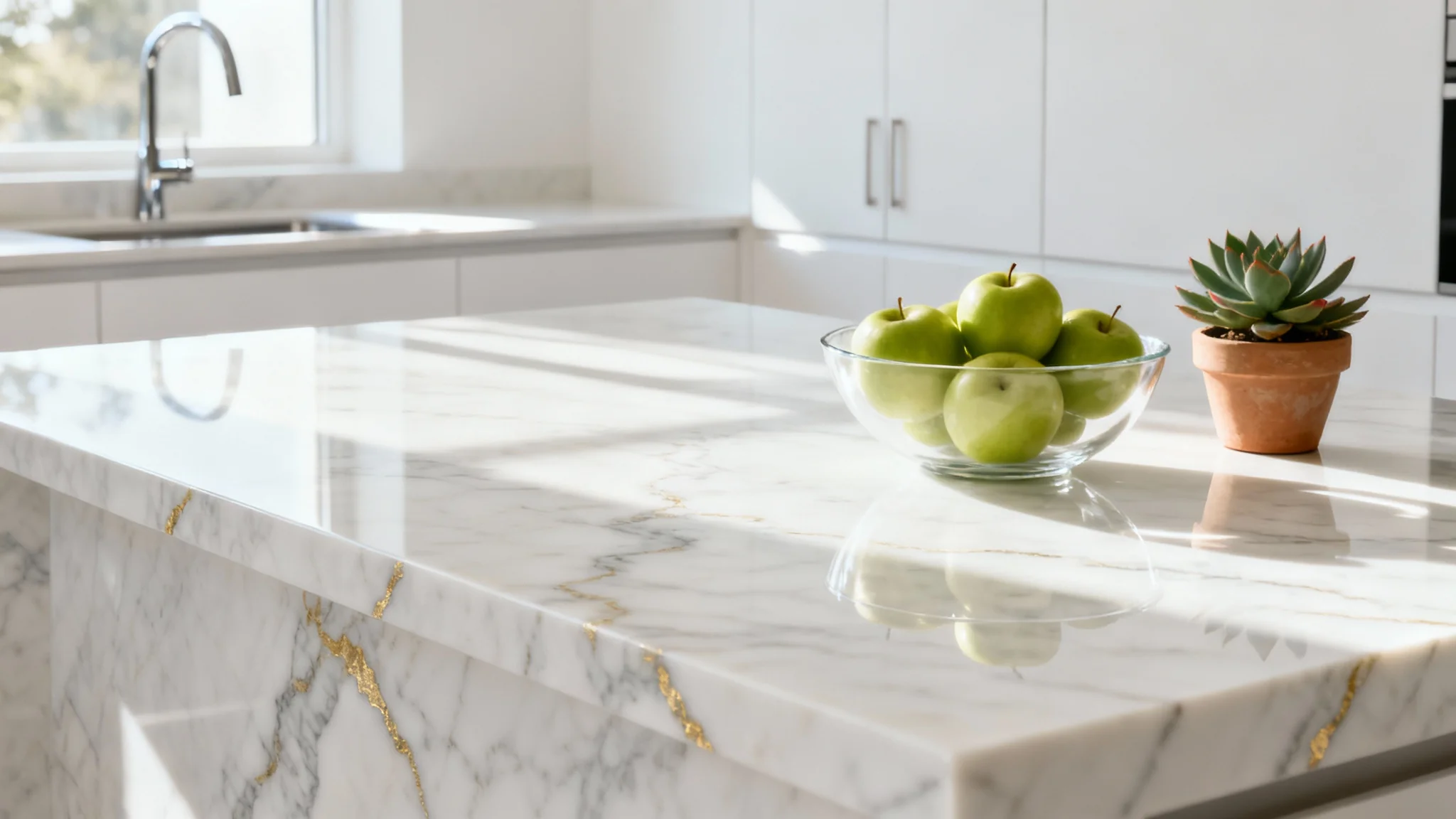 A luxurious modern kitchen with a polished white quartz countertop featuring gold and grey veins, bathed in natural light.