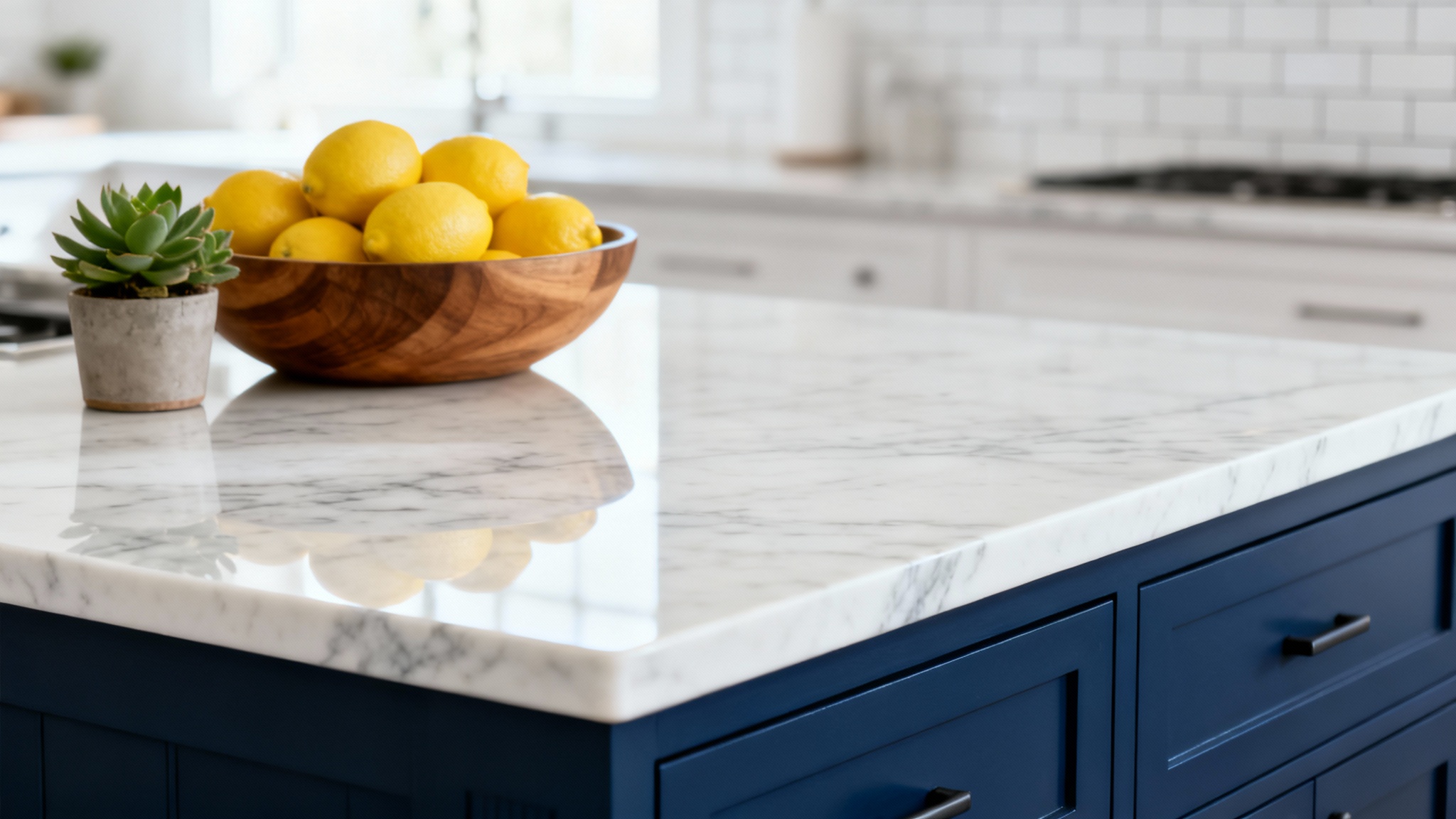 A photorealistic image of a modern kitchen island with a new, polished white quartz countertop, contrasting beautifully with the navy blue cabinets.