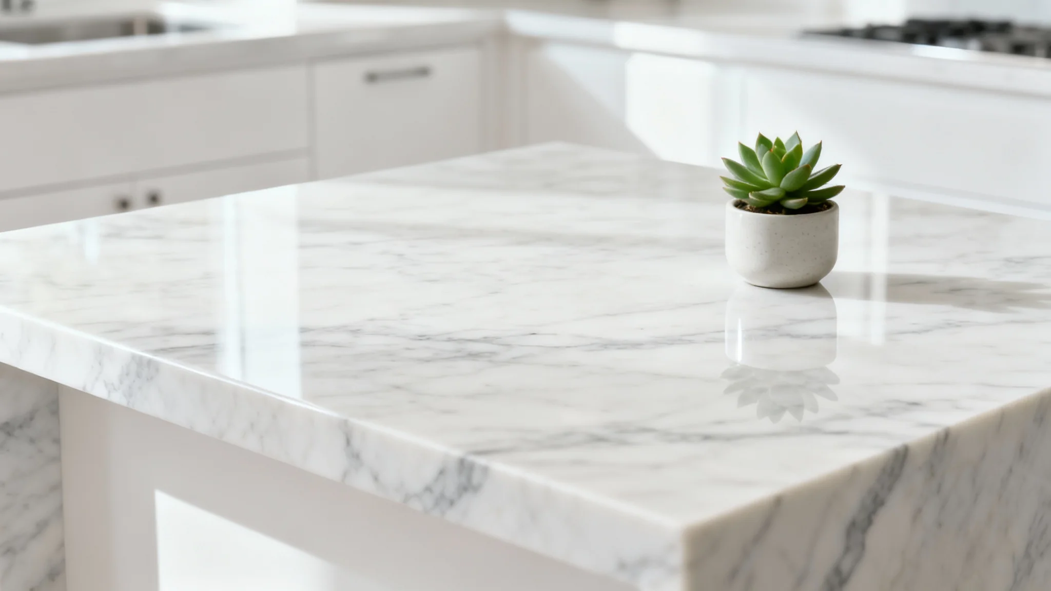 A close-up of a new, polished white quartz countertop in a bright, modern kitchen with minimalist white cabinets, isolated on a white background.