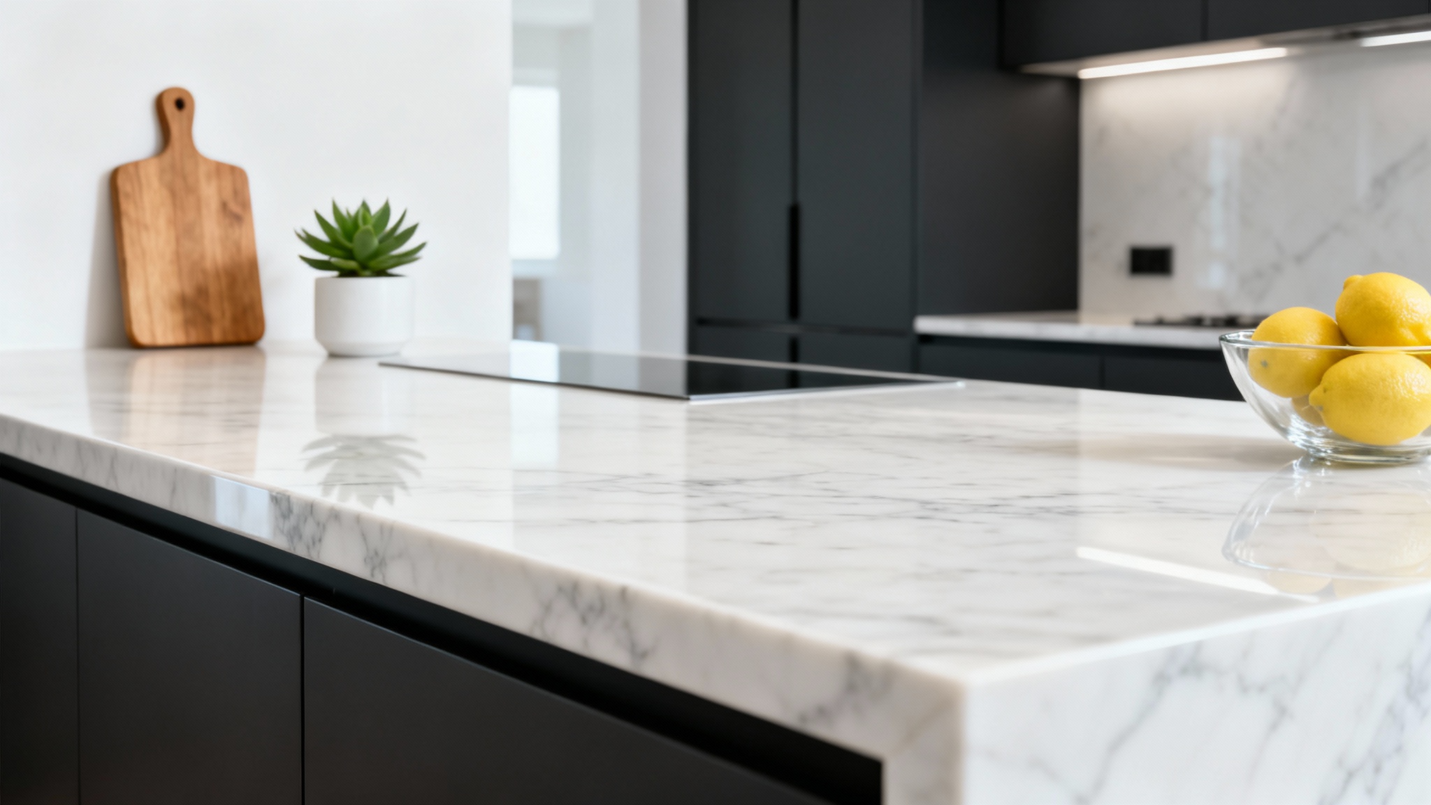 A close-up of a new, luxurious white marble countertop in a modern kitchen with dark charcoal cabinets, styled with a small plant and a bowl of lemons.
